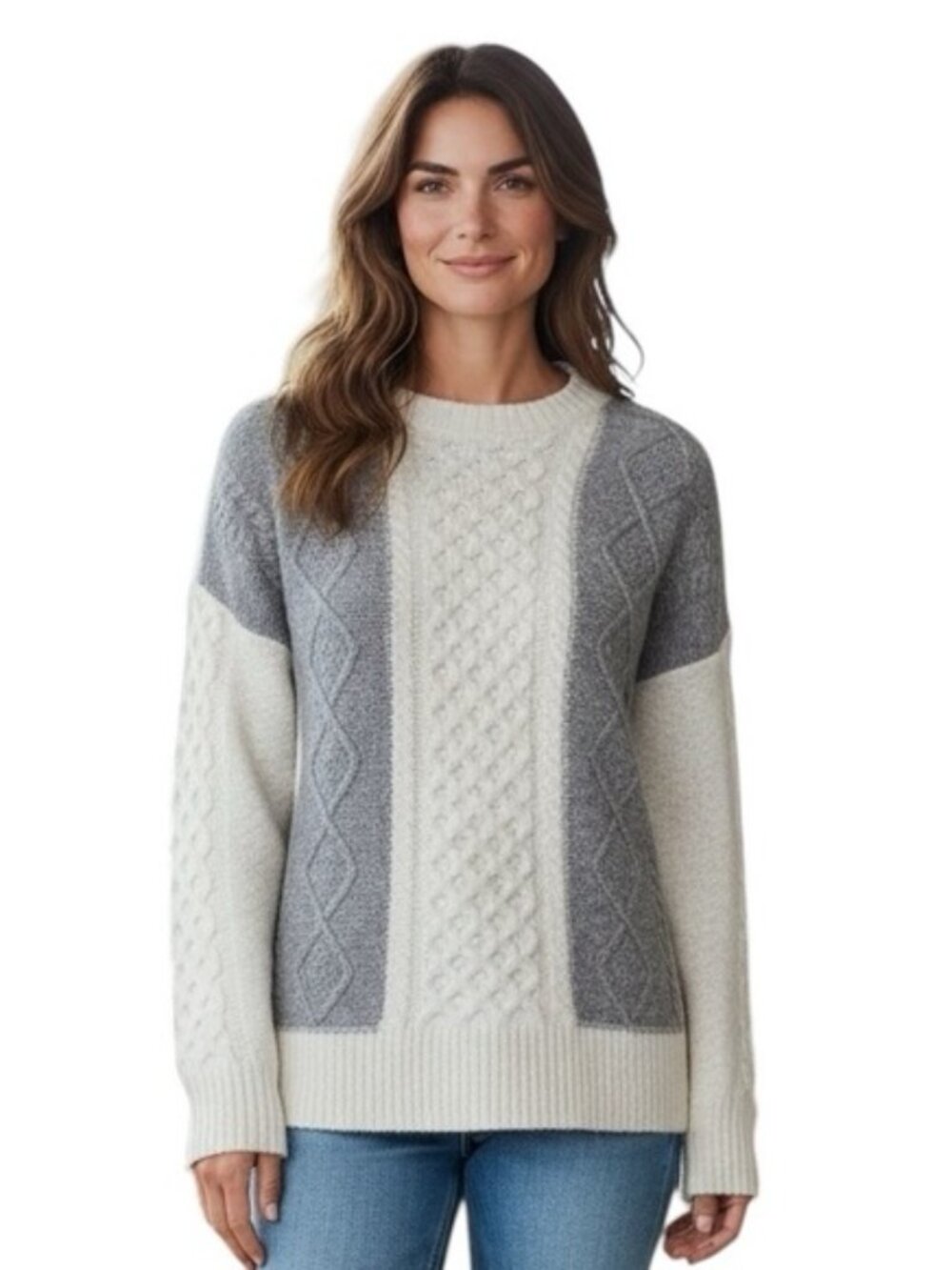 JOIE Chunky Gray & White Cableknit Fisherman Aran Sweater Size XL
